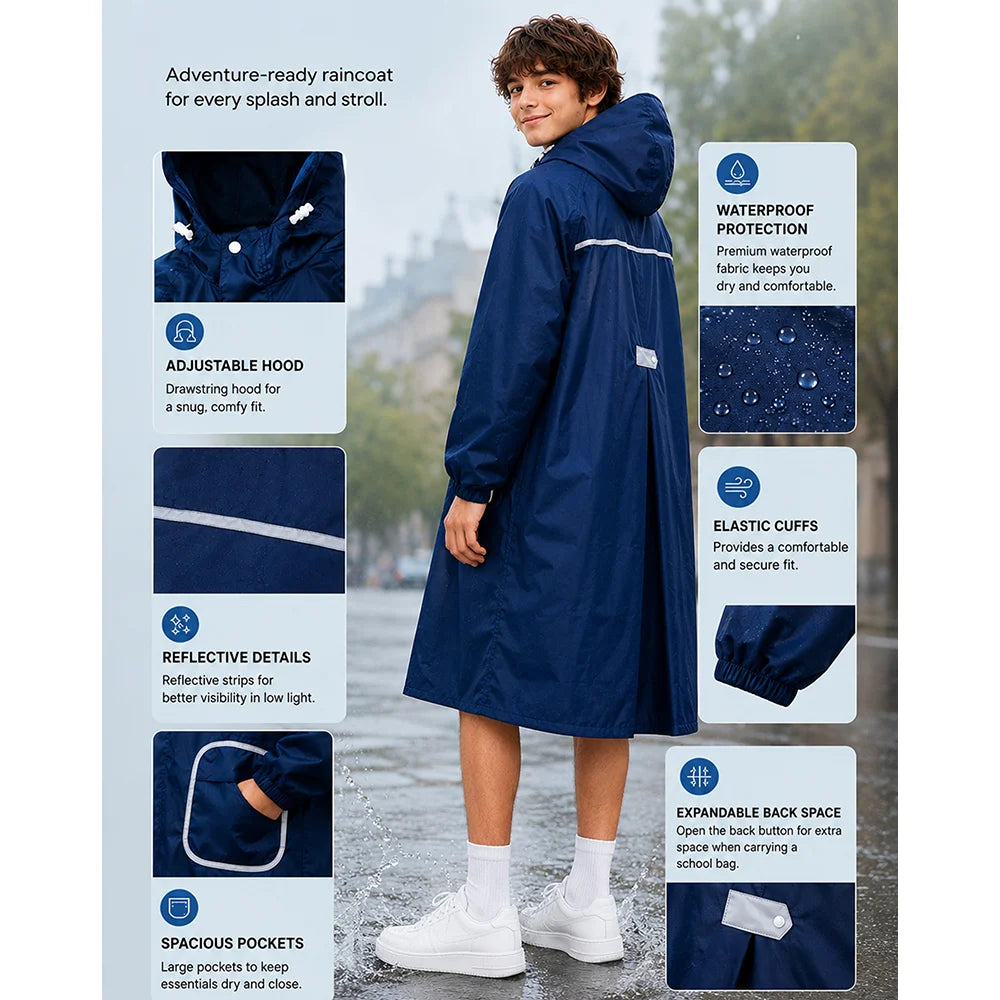 Navy Blue Pocket Patch long Length Raincoat for Adults