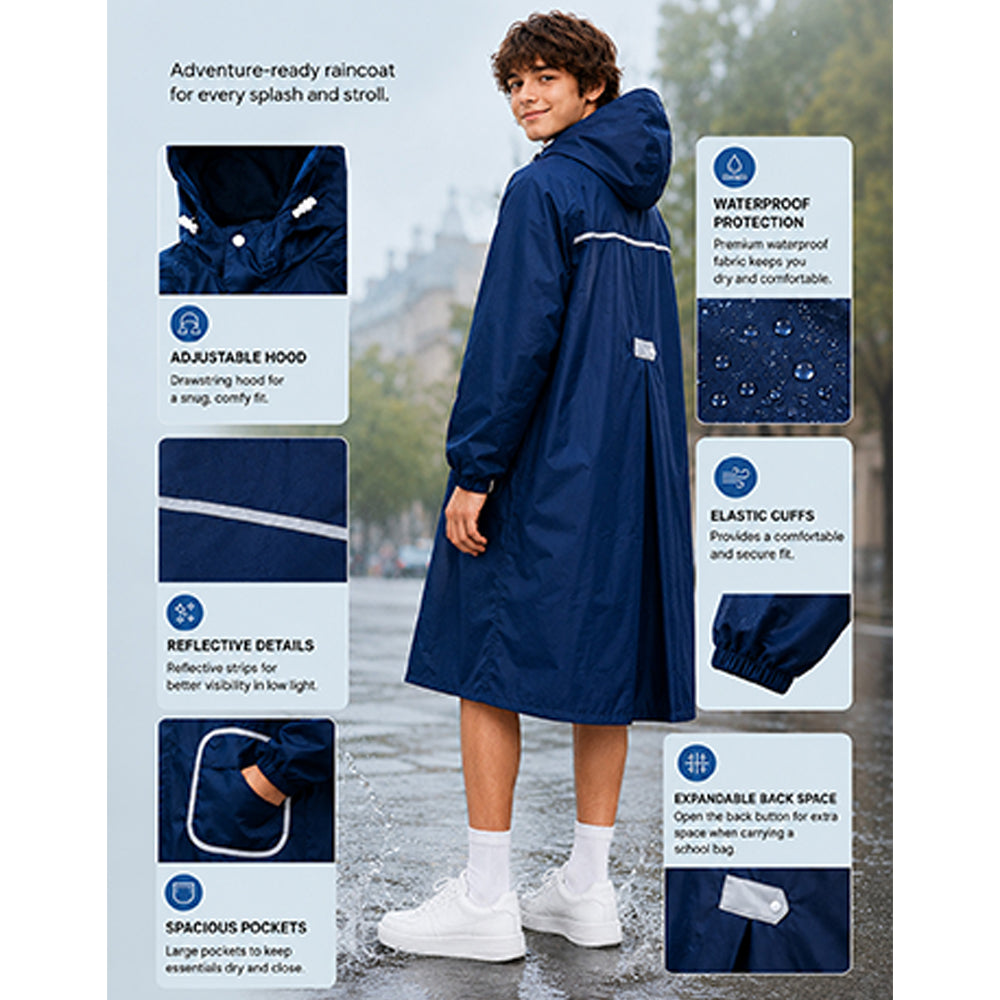 Navy Blue Pocket Patch long Length Raincoat for Adults