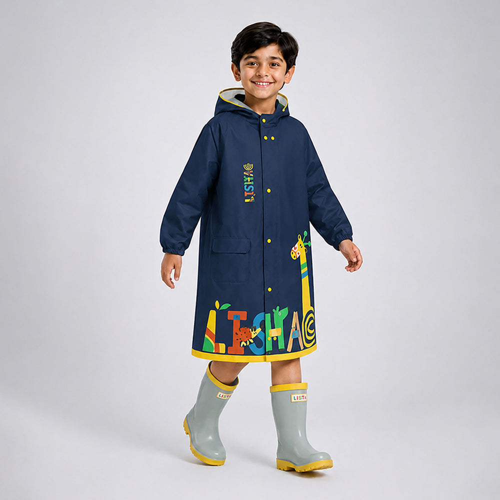 Navy Giraffe Knee Length Raincoat for Kids