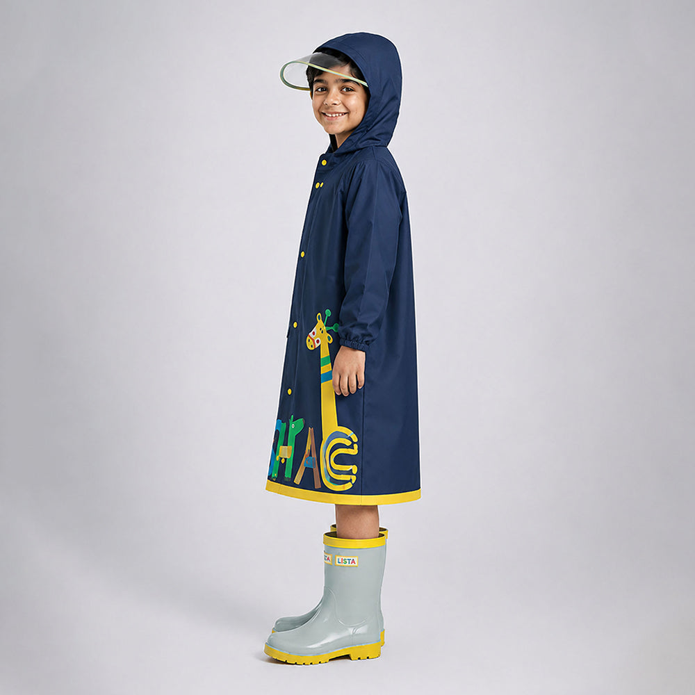 Navy Giraffe Knee Length Raincoat for Kids