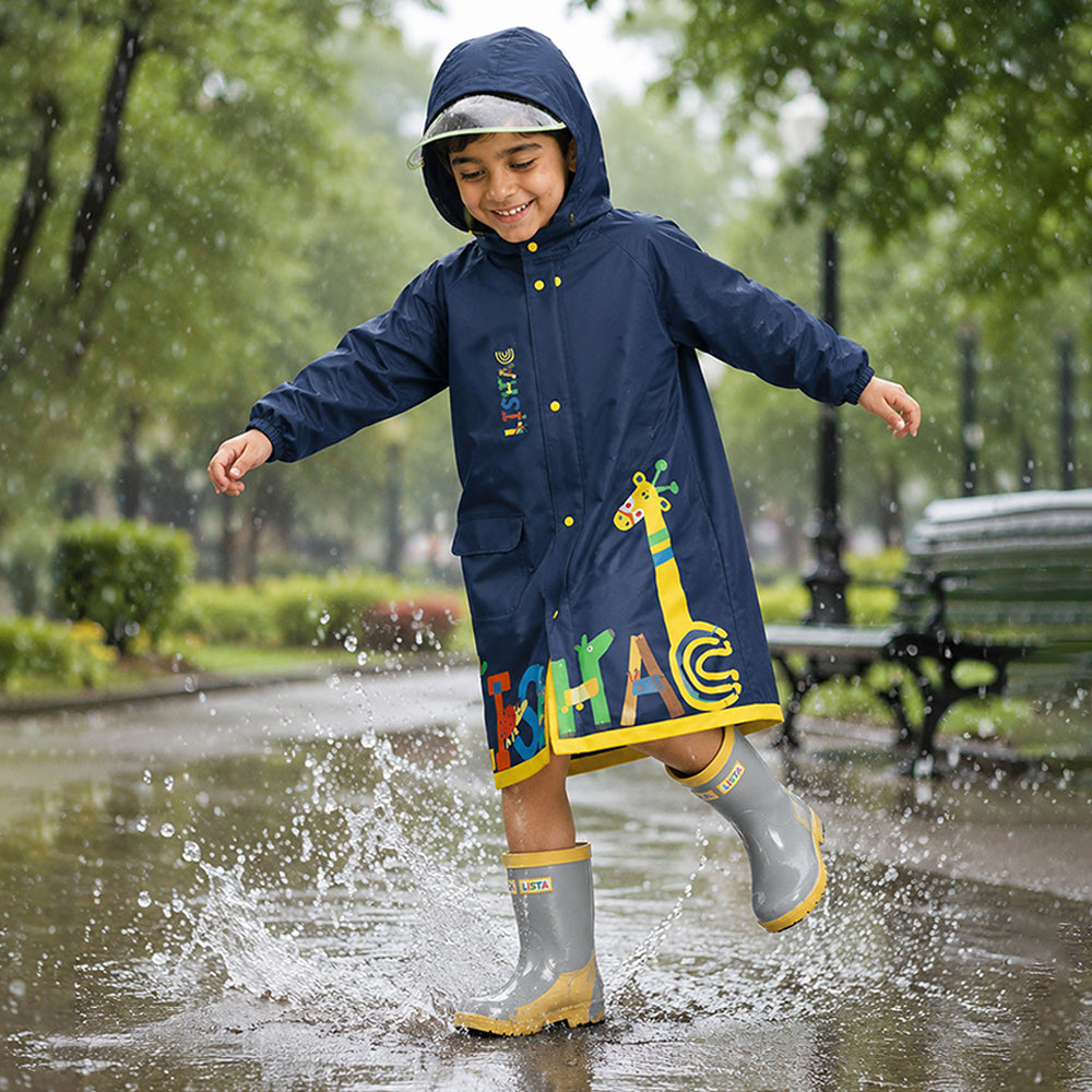 Navy Giraffe Knee Length Raincoat for Kids