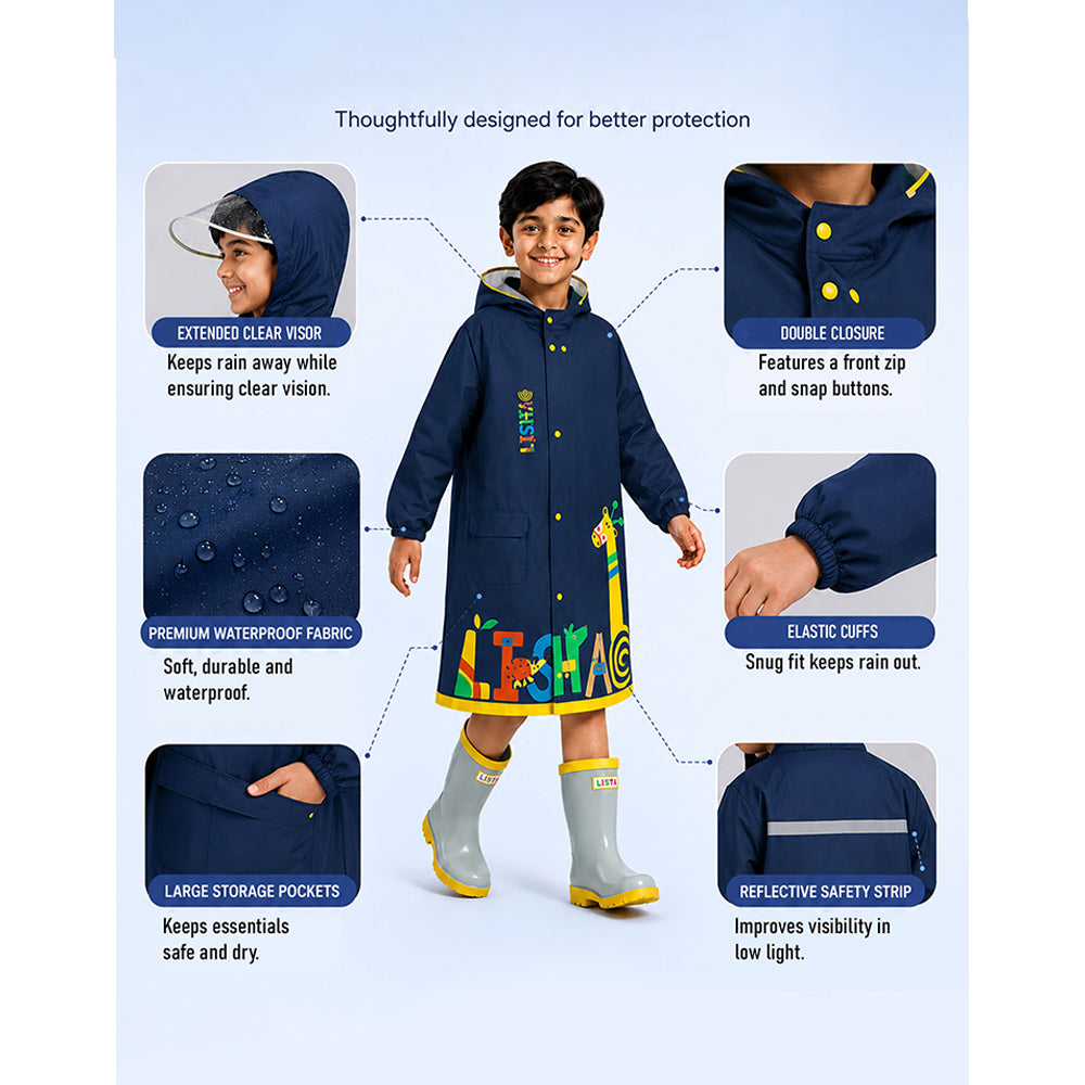 Navy Giraffe Knee Length Raincoat for Kids