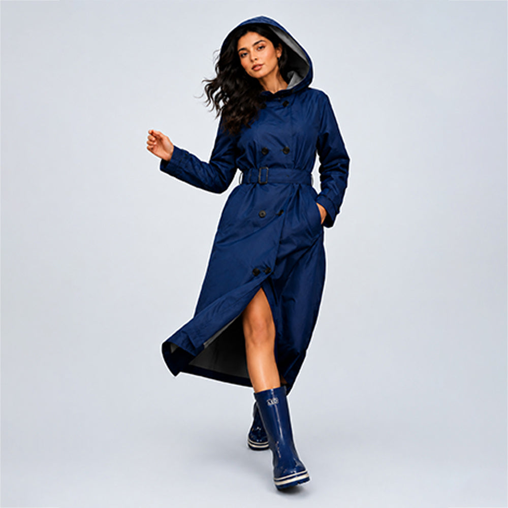 Navy Blue Trench Coat Style Raincoat for Adults