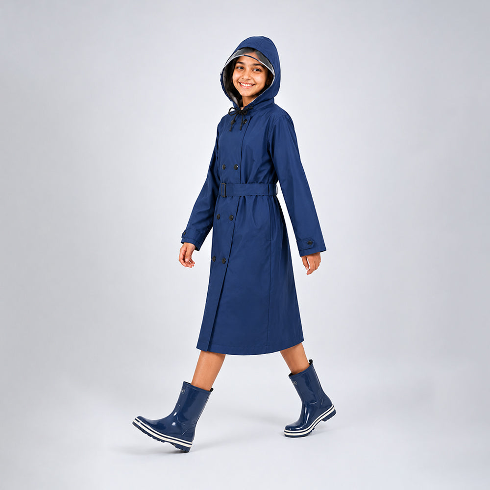 Navy Blue Trench Coat Style Raincoat for Kids & Teens