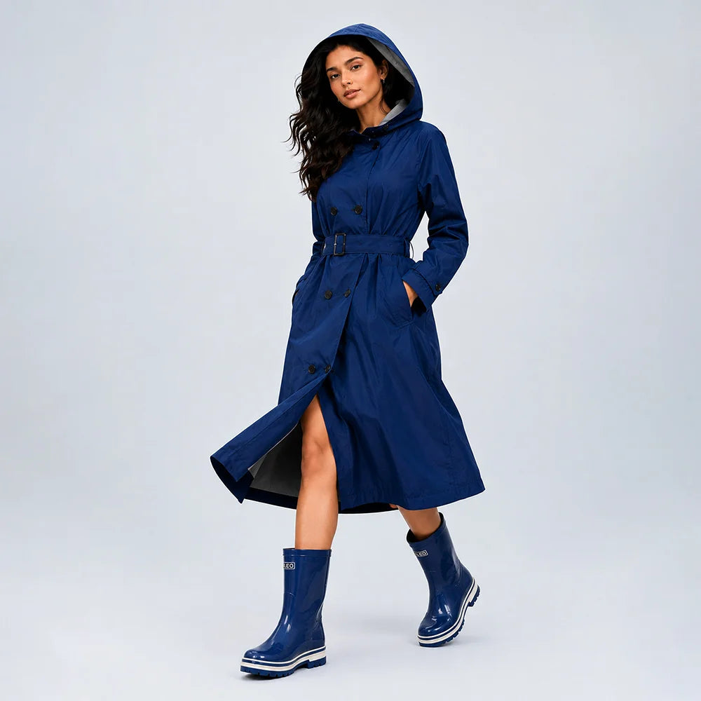 Navy Blue Trench Coat Style Raincoat for Adults