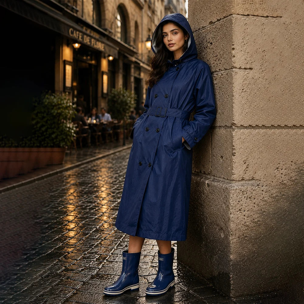 Navy Blue Trench Coat Style Raincoat for Adults