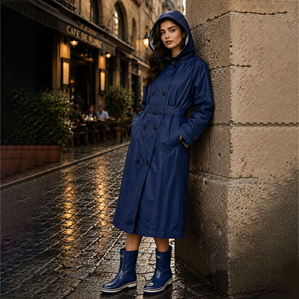 Navy Blue Trench Coat Style Raincoat for Adults