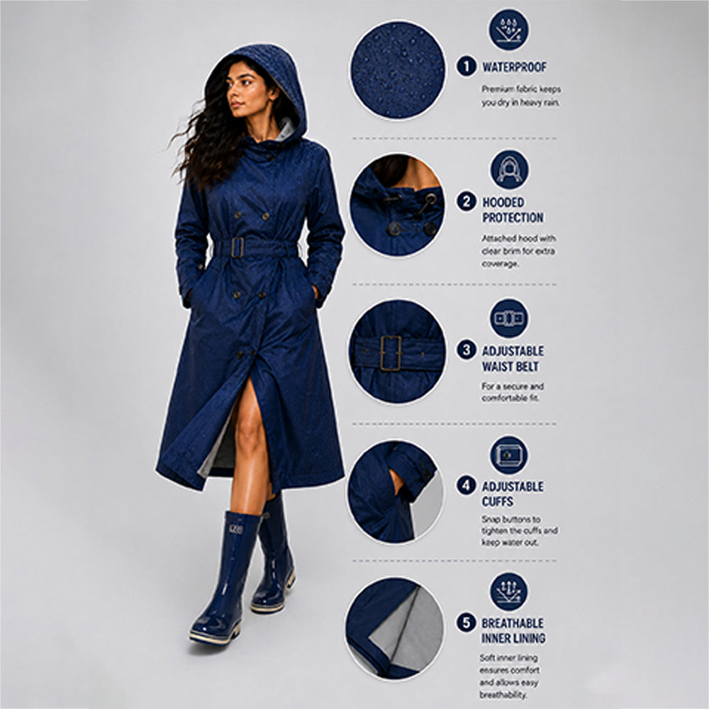 Navy Blue Trench Coat Style Raincoat for Adults
