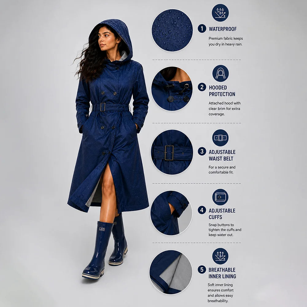 Navy Blue Trench Coat Style Raincoat for Adults