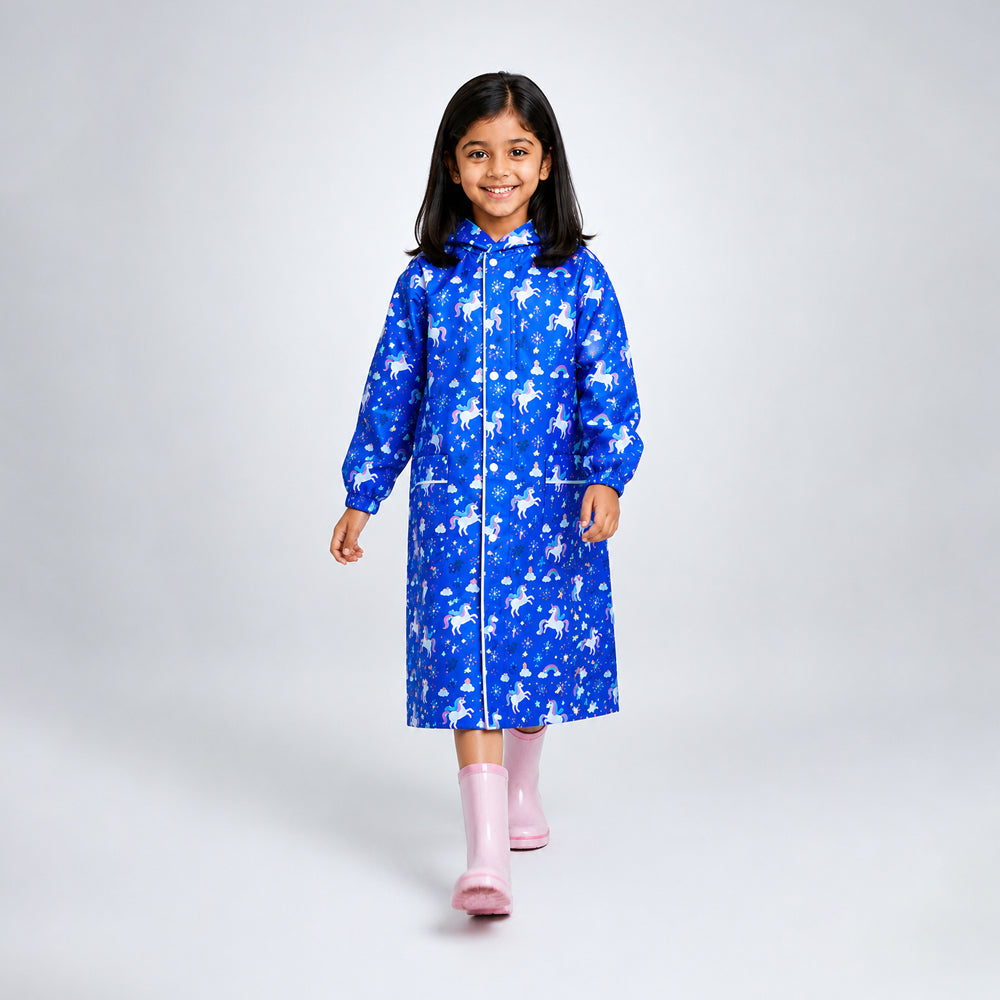 Navy Blue Unicorn Print Knee-Length Raincoat for Kids