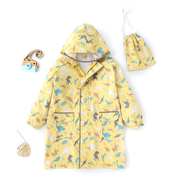 Pastel Yellow Dino All Over Print Knee length Raincoat for Kids