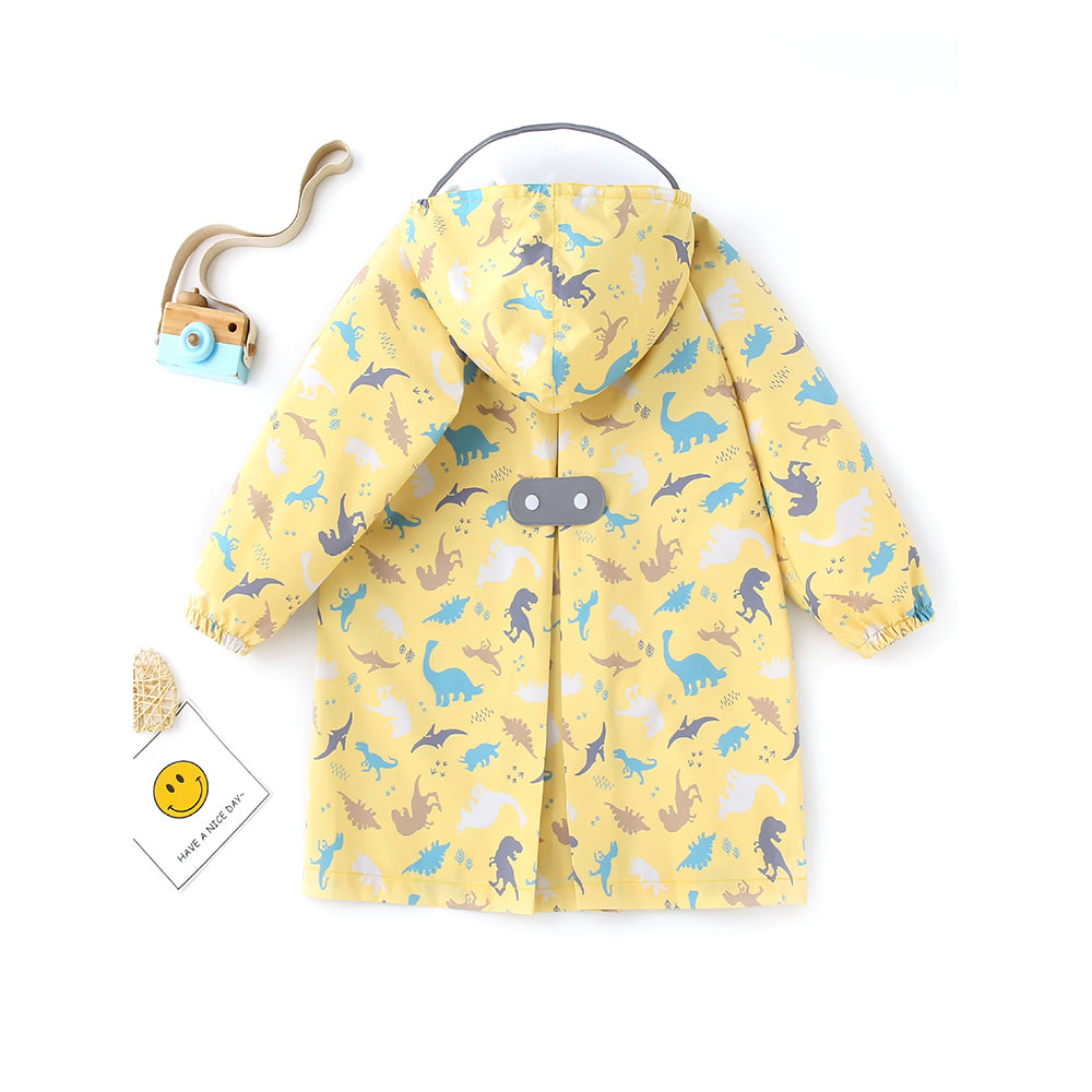 Pastel Yellow Dino All Over Print Knee length Raincoat for Kids