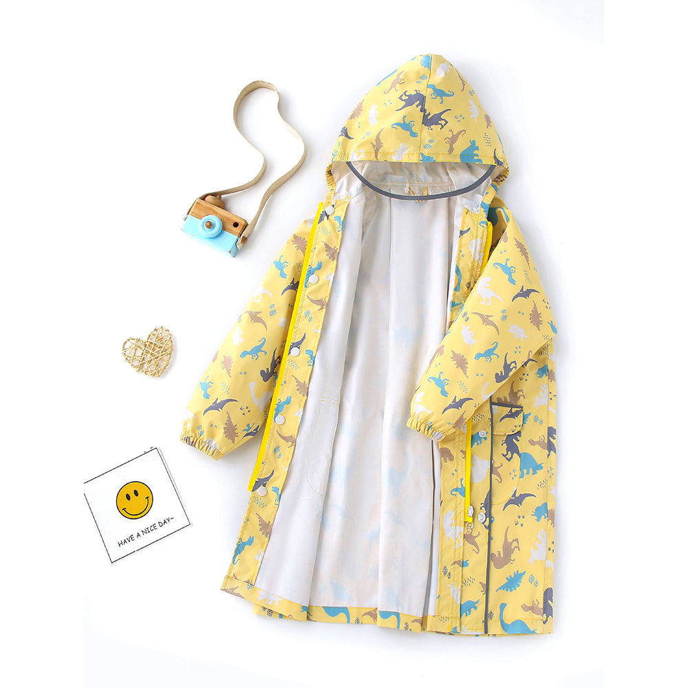 Pastel Yellow Dino All Over Print Knee length Raincoat for Kids