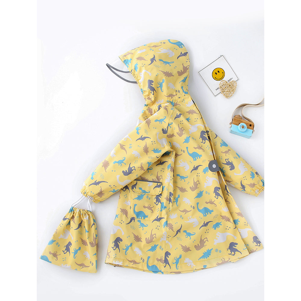 Pastel Yellow Dino All Over Print Knee length Raincoat for Kids