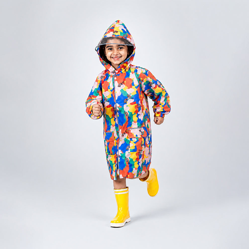 Pink Color Pop Car Print  Knee-Length Raincoat for Kids