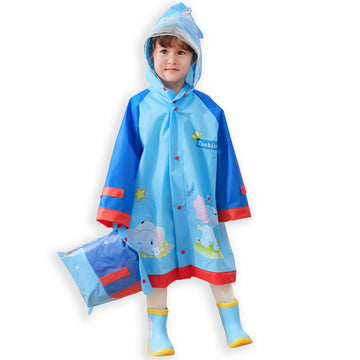 Red Blue elephant theme Long Style Raincoat for Kids-M