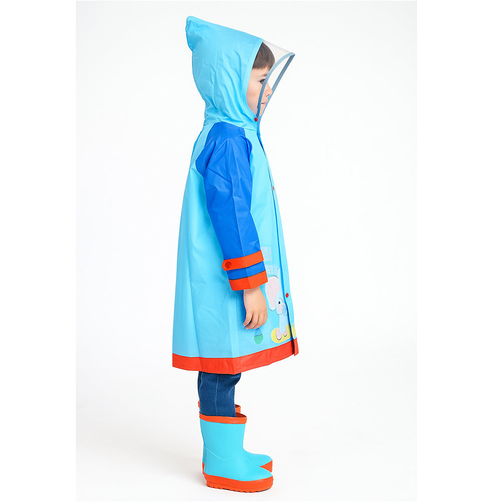 Red Blue elephant theme Long Style Raincoat for Kids-M
