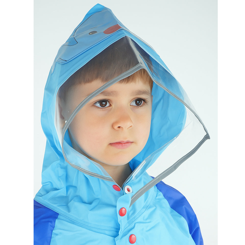 Red Blue elephant theme Long Style Raincoat for Kids-M