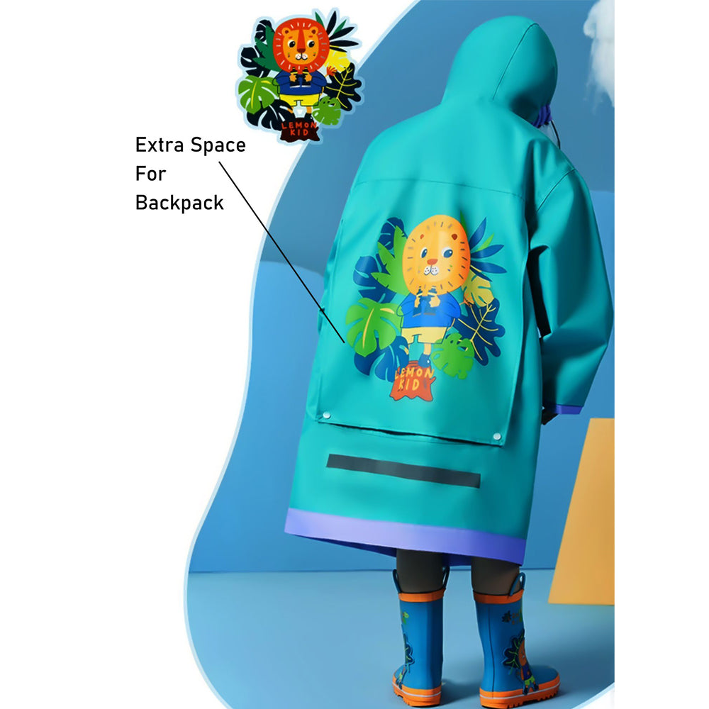 Teal Orange Lion knee length raincoat for kids
