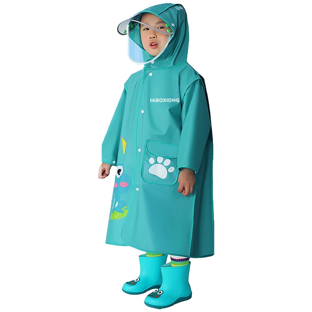 Teal froggy themed Knee length Raincoat for Kids-M