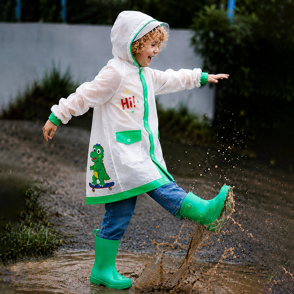 Frog Green Bordered Translucent long style Raincoat for kids