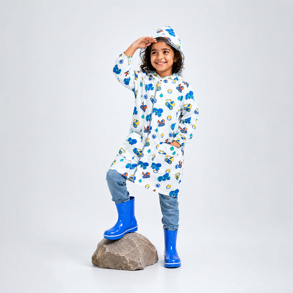 White Dumper Construction Print Knee-Length Raincoat for Kids