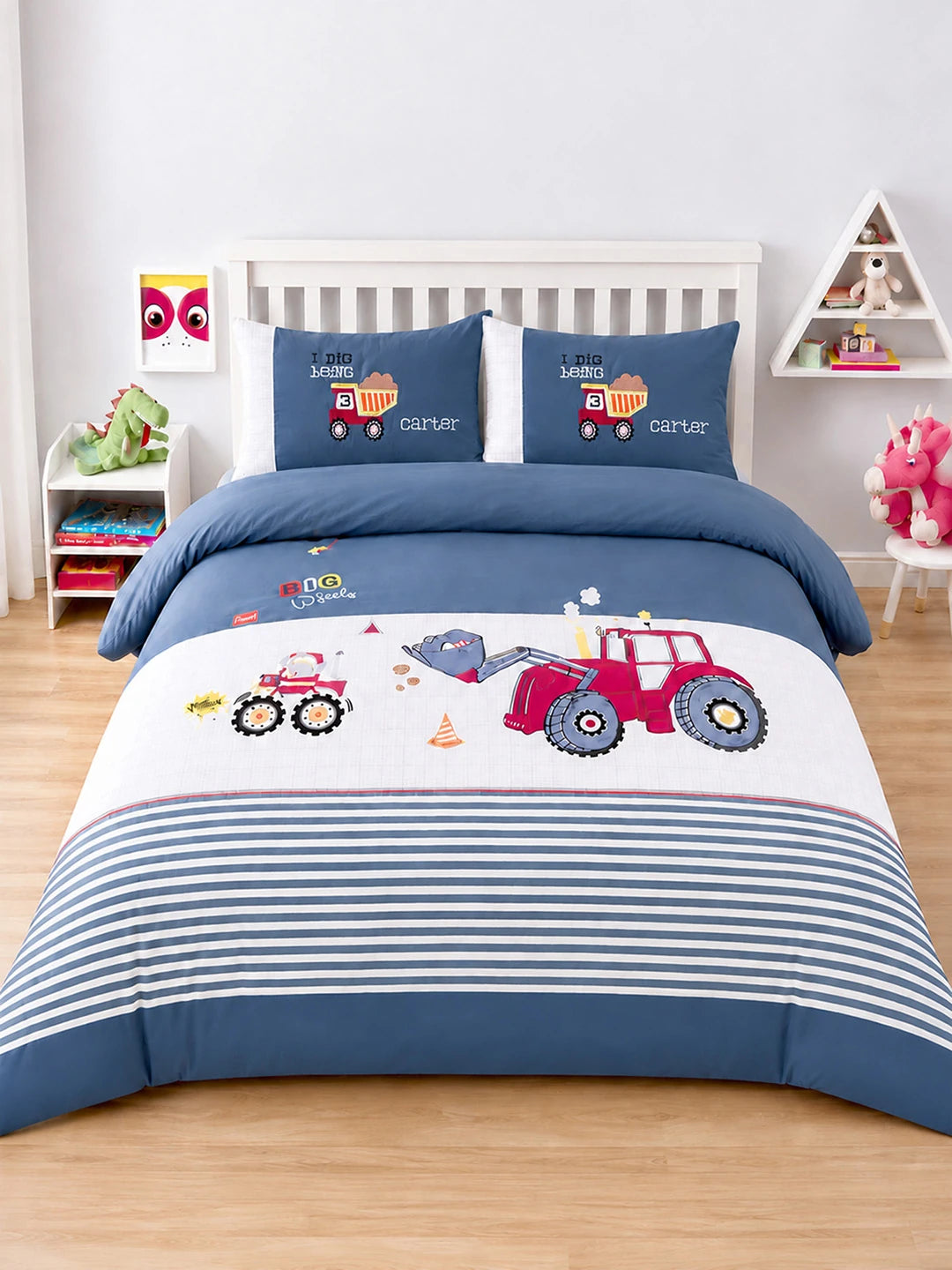 4 pcs Red Tractor theme, Luxe Embroidered collection of Double Bed Comforter, flat bedsheet, 2 pillow covers entire Bedding Set for King Size Bed.