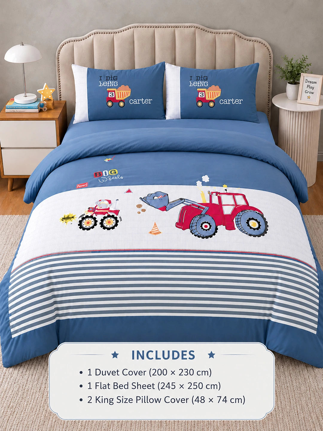 4 pcs Red Tractor theme, Luxe Embroidered collection of Double Bed Comforter, flat bedsheet, 2 pillow covers entire Bedding Set for King Size Bed.