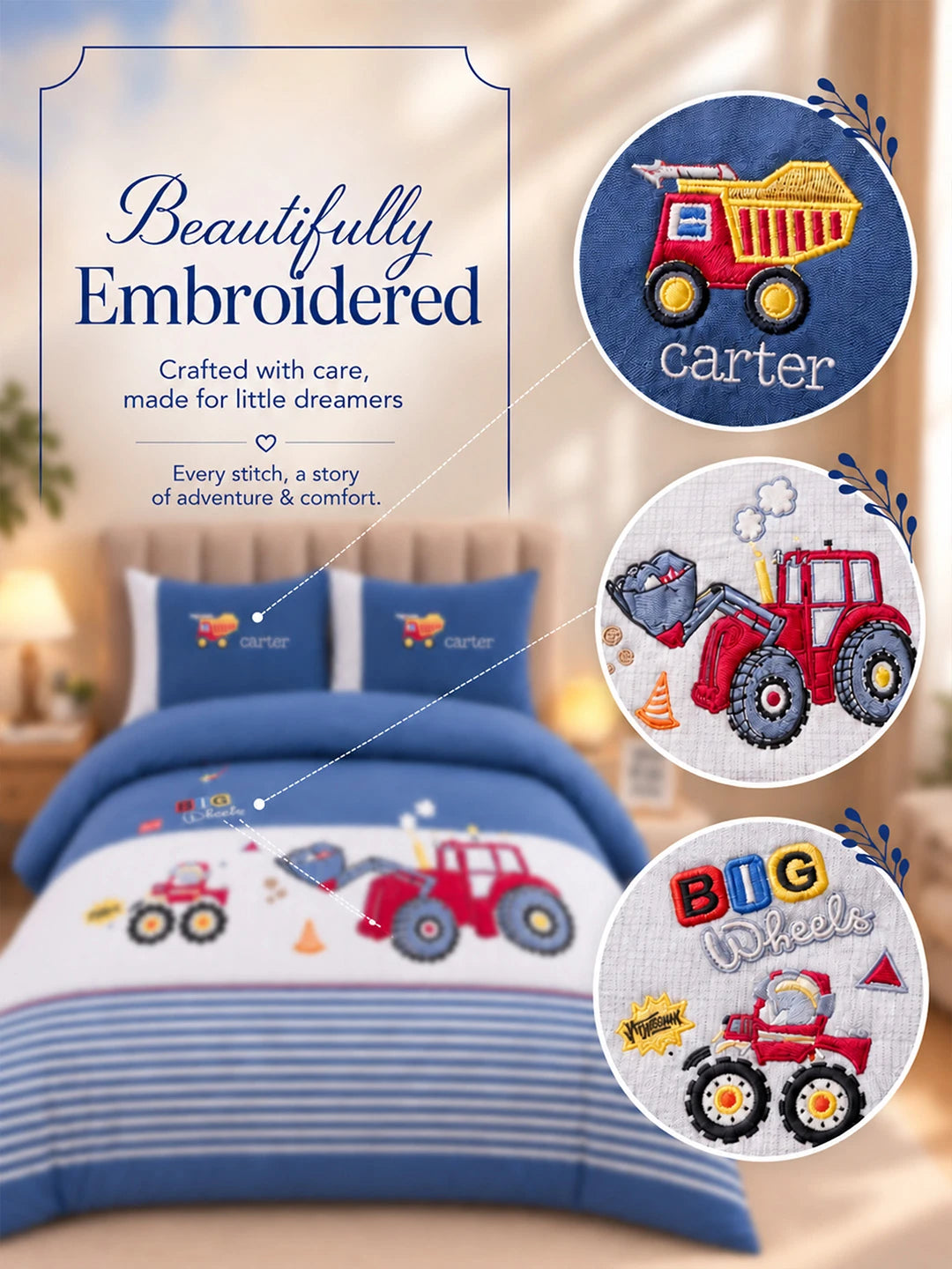 4 pcs Red Tractor theme, Luxe Embroidered collection of Double Bed Comforter, flat bedsheet, 2 pillow covers entire Bedding Set for King Size Bed.