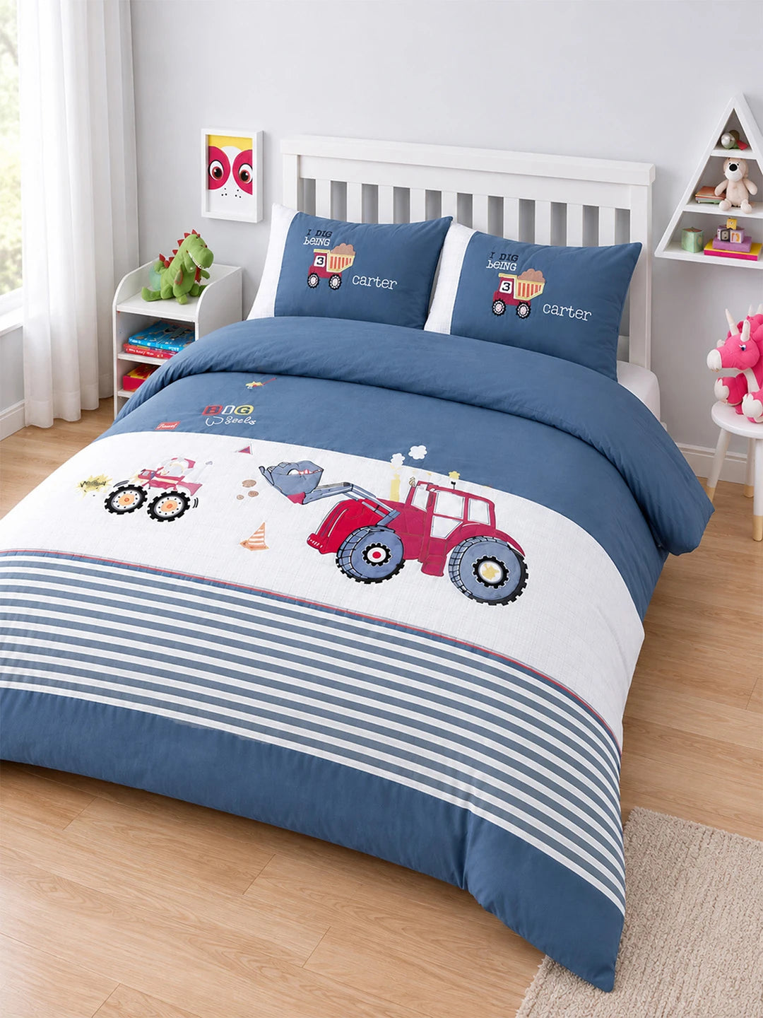 4 pcs Red Tractor theme, Luxe Embroidered collection of Double Bed Comforter, flat bedsheet, 2 pillow covers entire Bedding Set for King Size Bed.