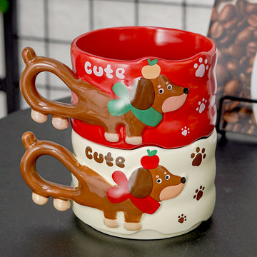 2pcs Stacked Red & cream Puppy Tail Handle Christmas & Pet lover Ceramic Mugs