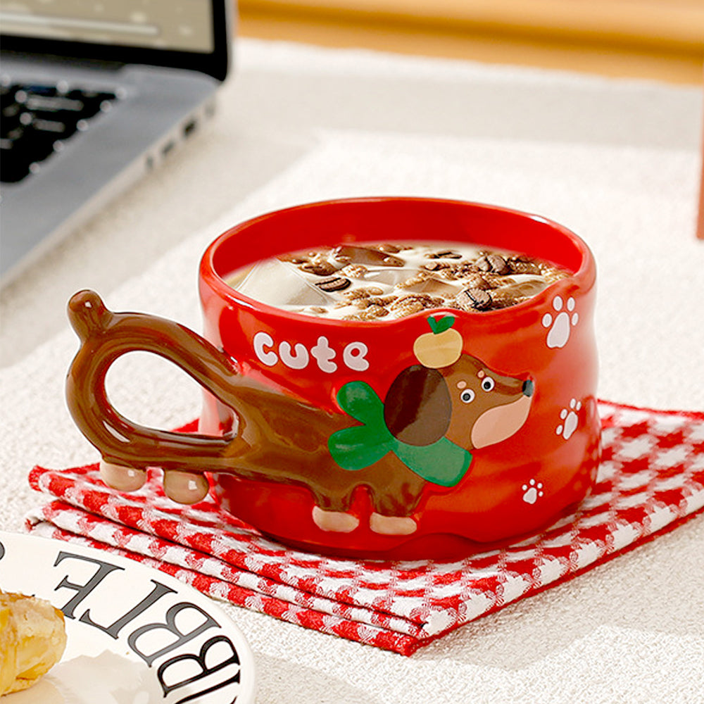 2pcs Stacked Red & cream Puppy Tail Handle Christmas & Pet lover Ceramic Mugs