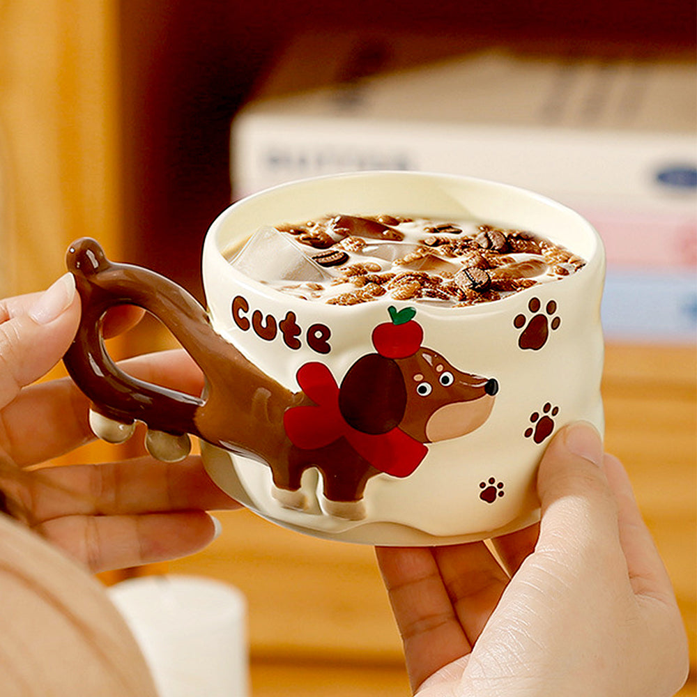 2pcs Stacked Red & cream Puppy Tail Handle Christmas & Pet lover Ceramic Mugs