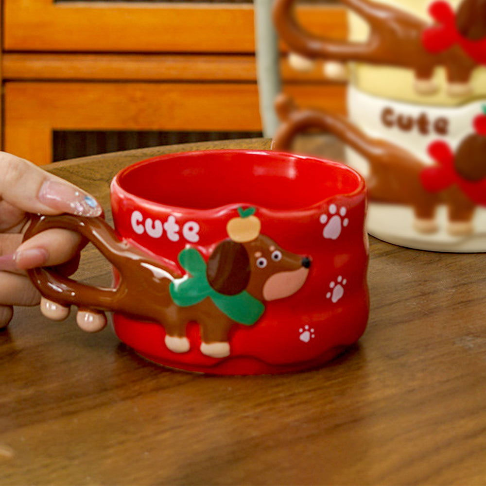 2pcs Stacked Red & cream Puppy Tail Handle Christmas & Pet lover Ceramic Mugs