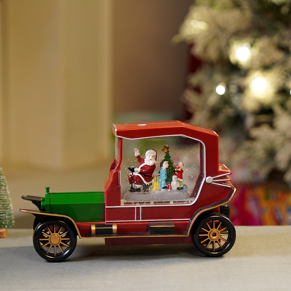 Red & Green Vintage Car with Musical Glitter Water Light, Christmas Décor