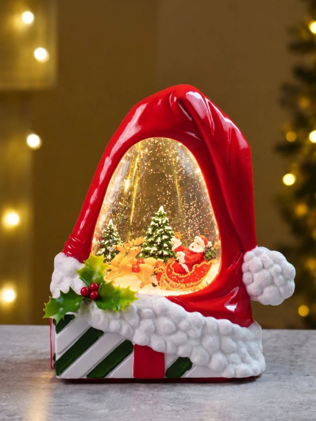 Red Santa Hat, with Musical Glitter Water and Lights, Christmas Home Décor