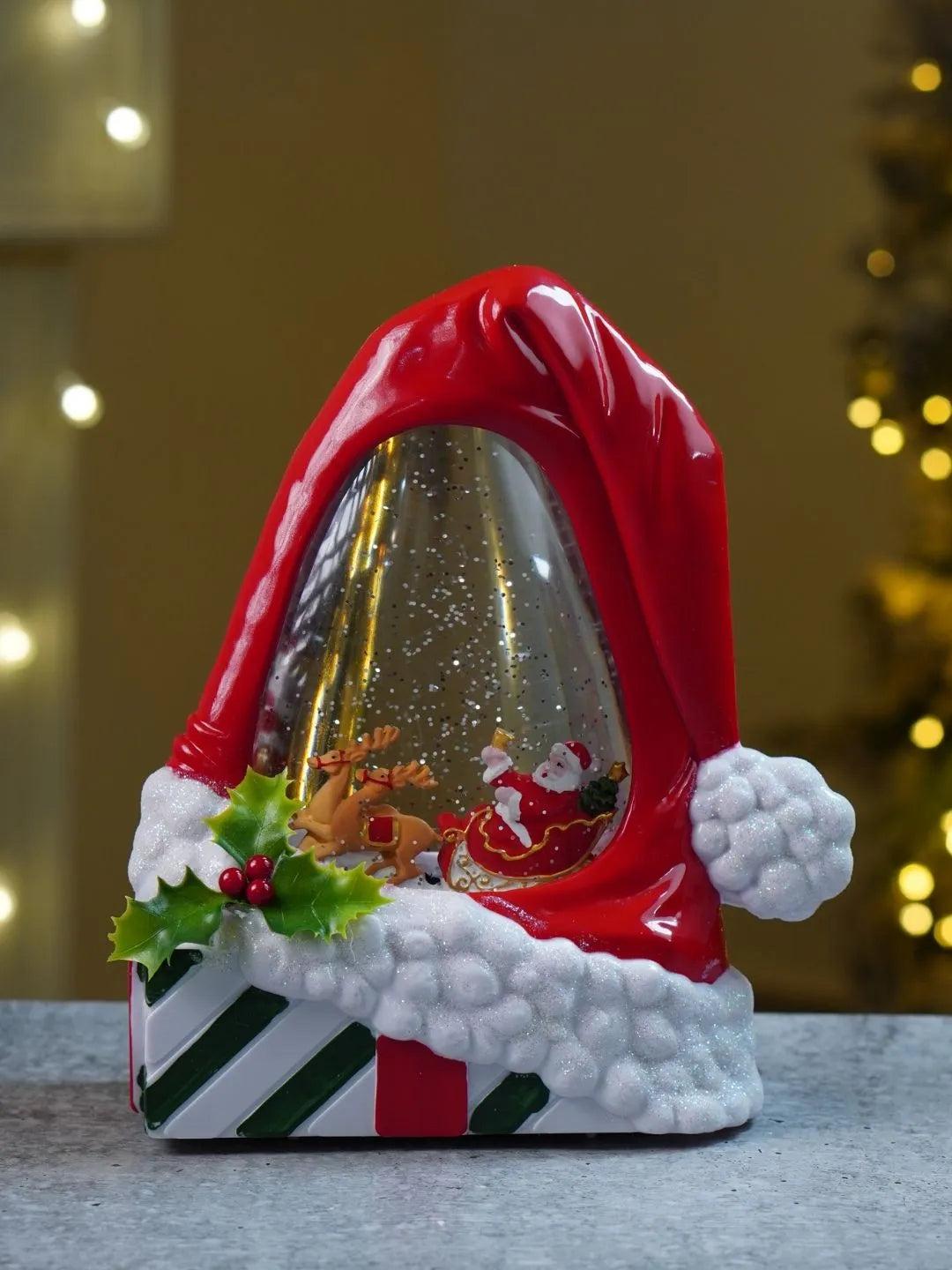 Red Santa Hat, with Musical Glitter Water and Lights, Christmas Home Décor