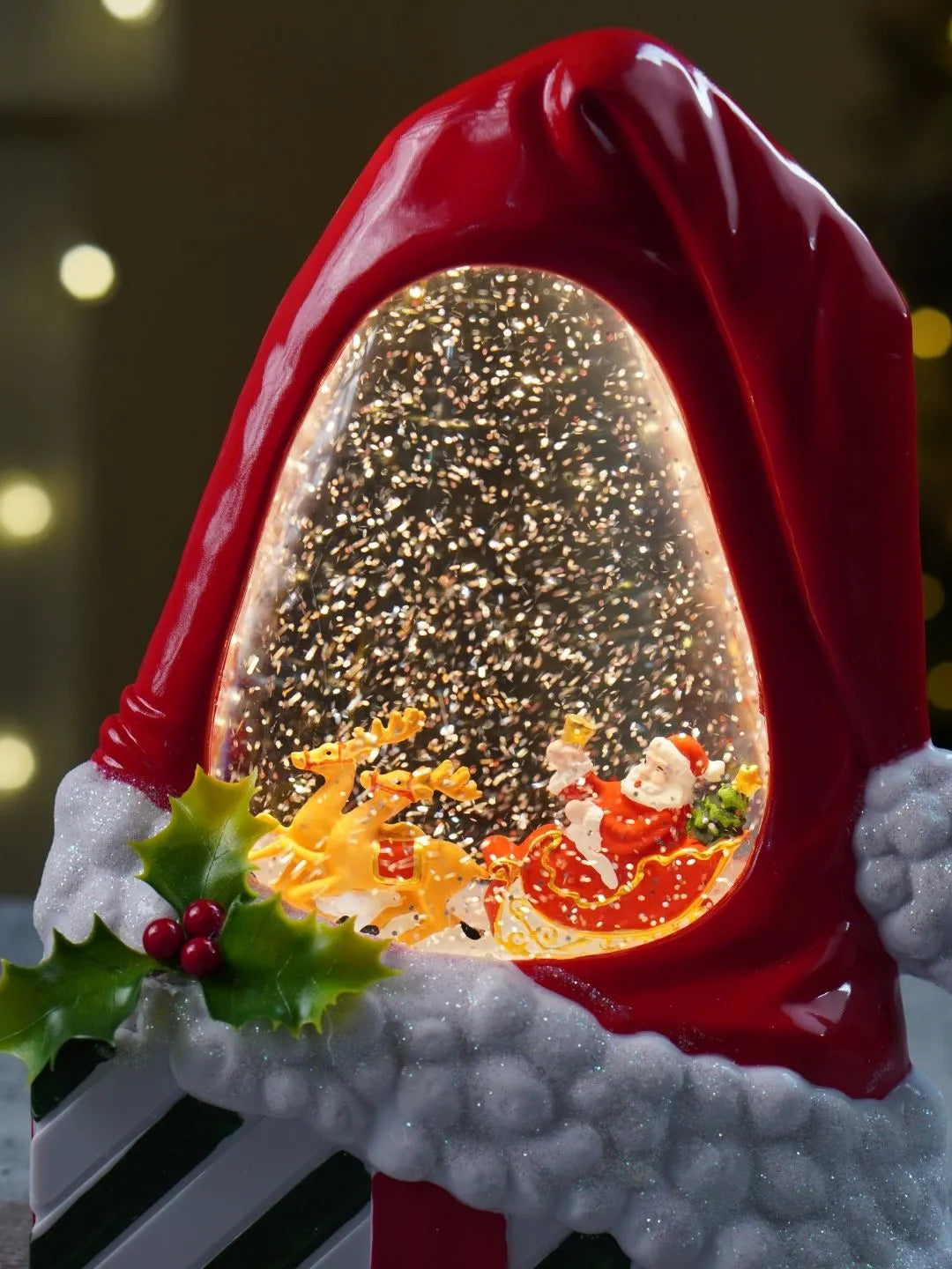 Red Santa Hat, with Musical Glitter Water and Lights, Christmas Home Décor
