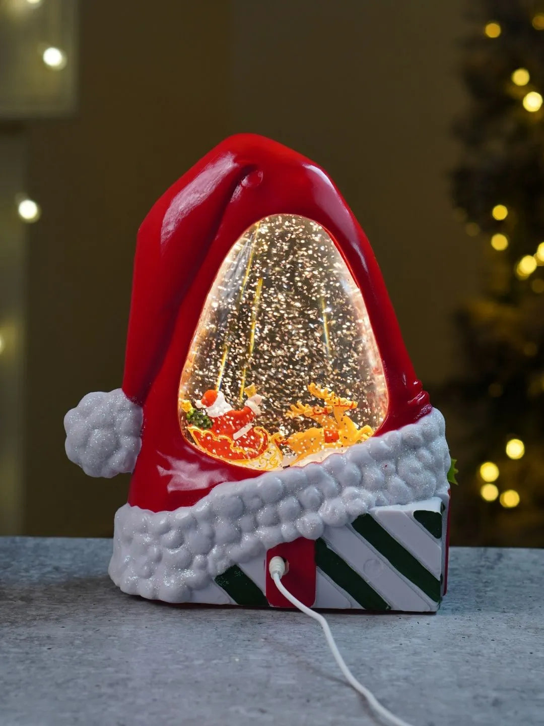 Red Santa Hat, with Musical Glitter Water and Lights, Christmas Home Décor