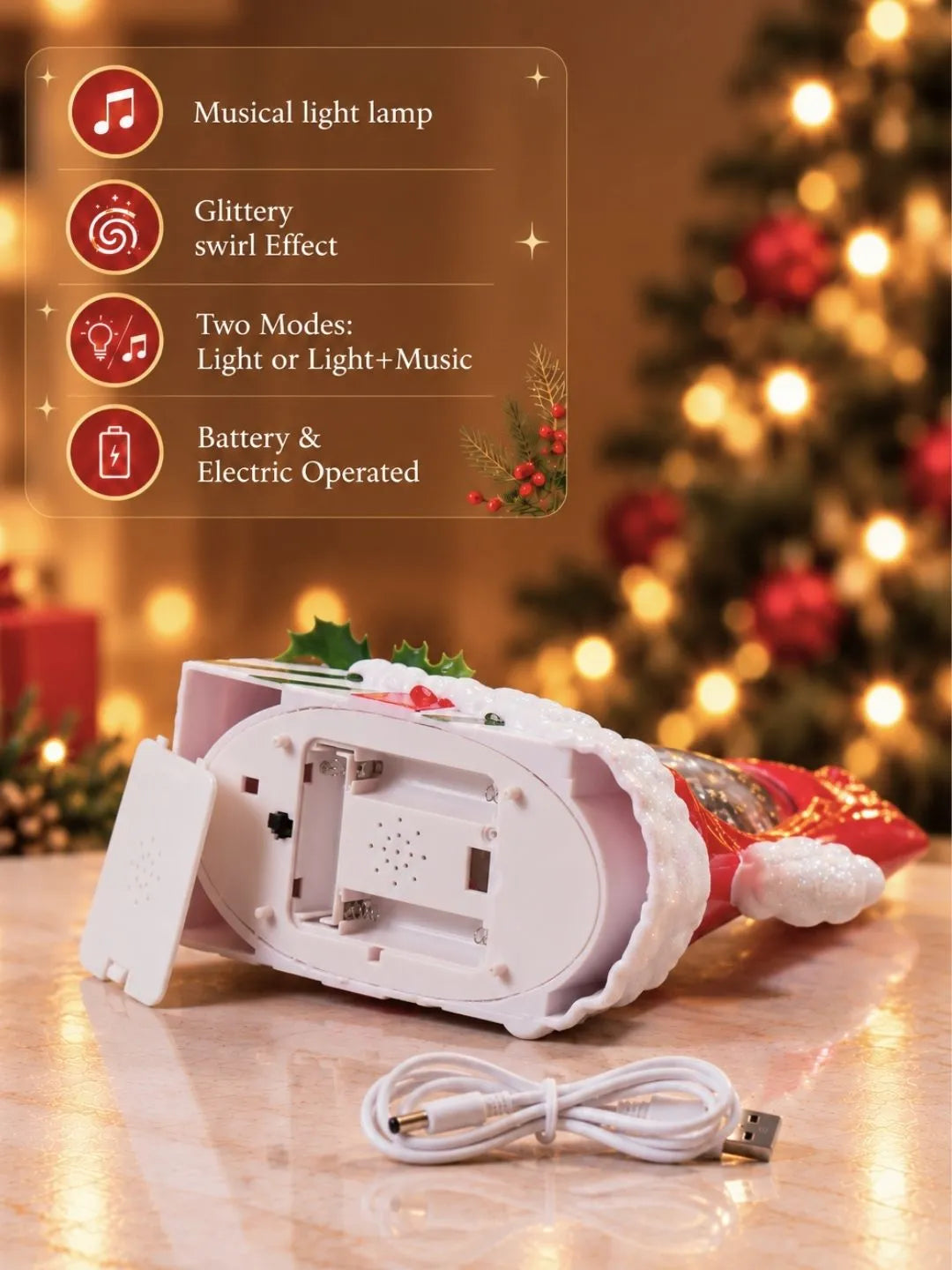 Red Santa Hat, with Musical Glitter Water and Lights, Christmas Home Décor
