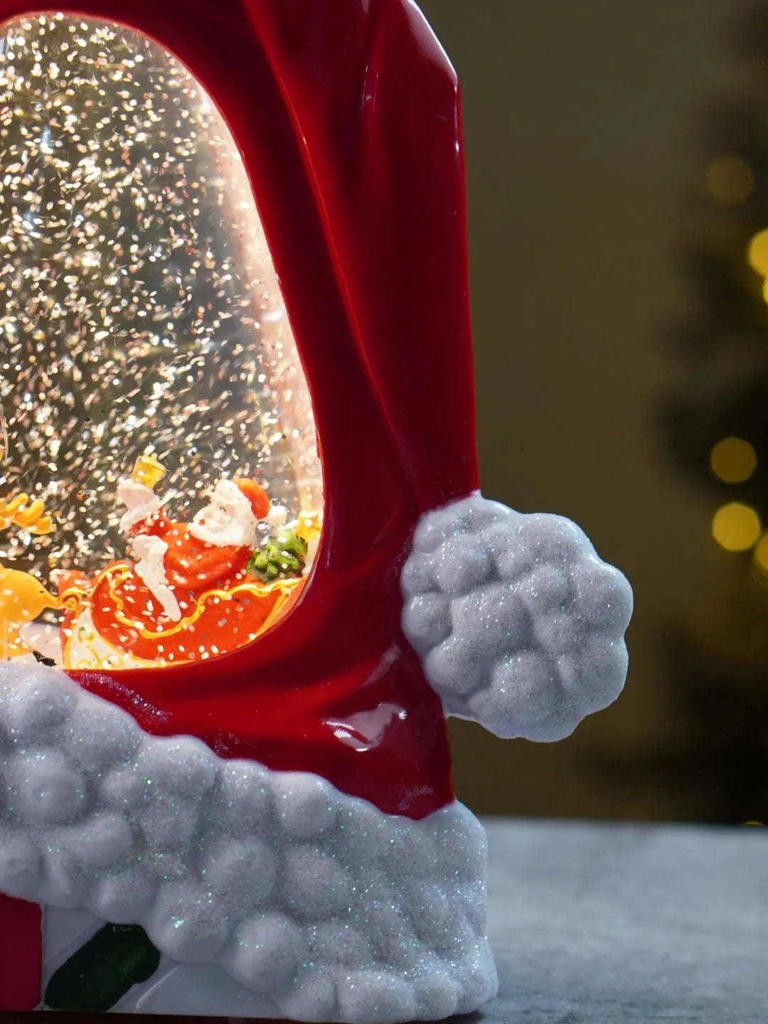 Red Santa Hat, with Musical Glitter Water and Lights, Christmas Home Décor