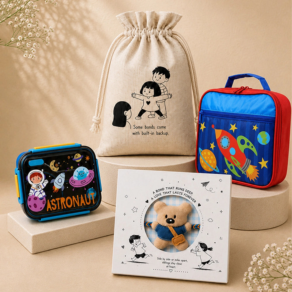 2 Pcs Astro Space Lunch Box & Lunch Bag Rakhi Gift Combo for Kids with Free Rakhi & Jute drawstring bag.