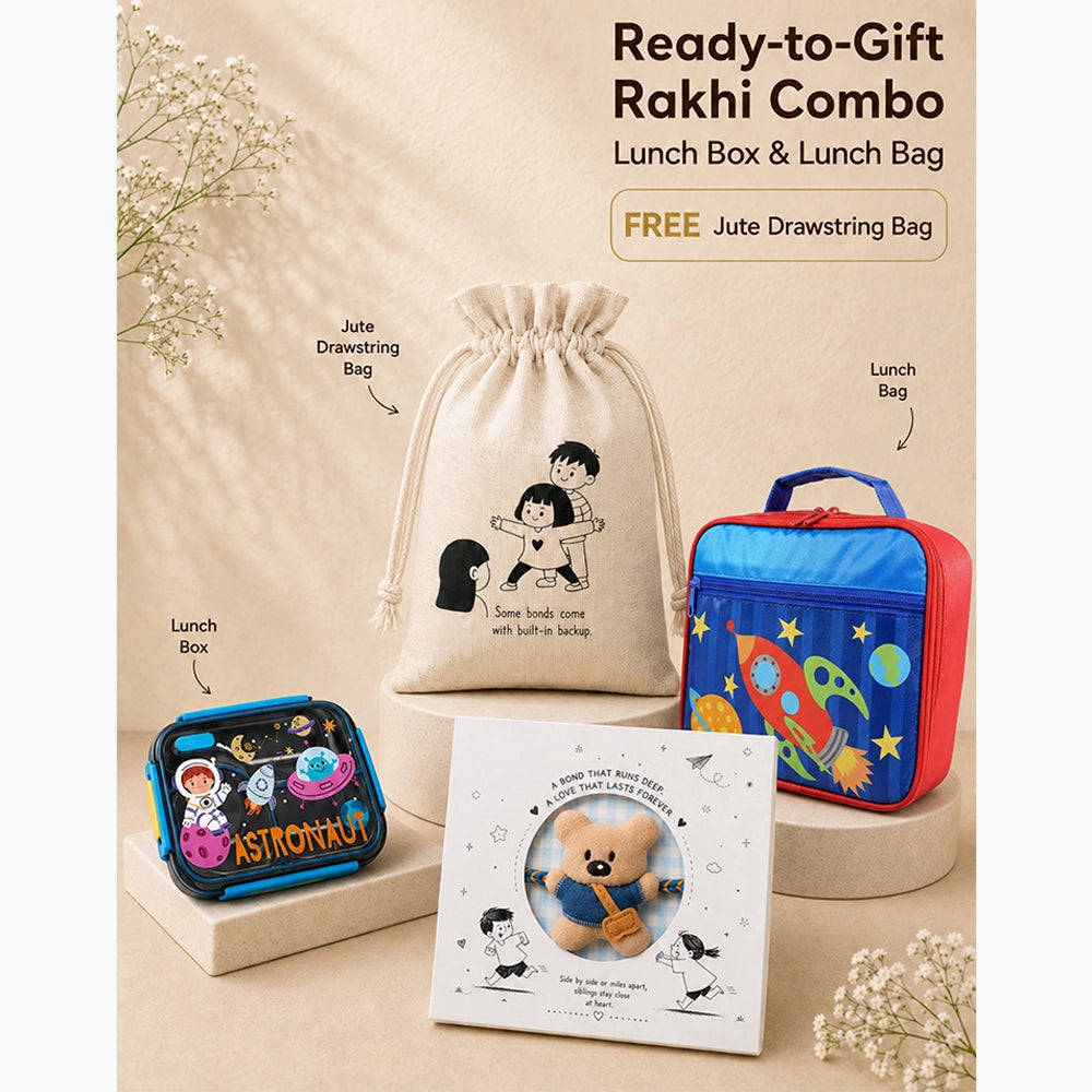 2 Pcs Astro Space Lunch Box & Lunch Bag Rakhi Gift Combo for Kids with Free Rakhi & Jute drawstring bag.