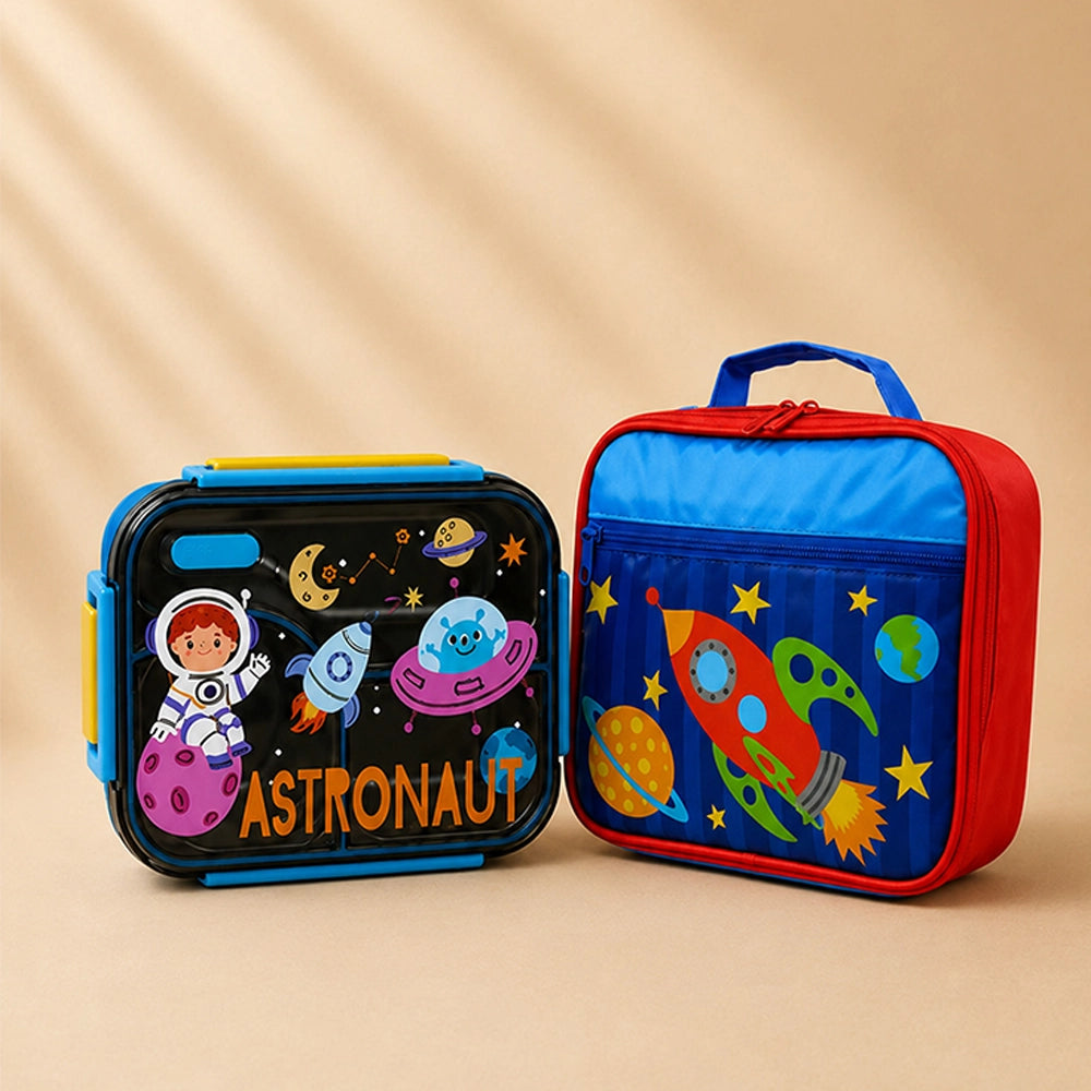 2 Pcs Astro Space Lunch Box & Lunch Bag Rakhi Gift Combo for Kids with Free Rakhi & Jute drawstring bag.