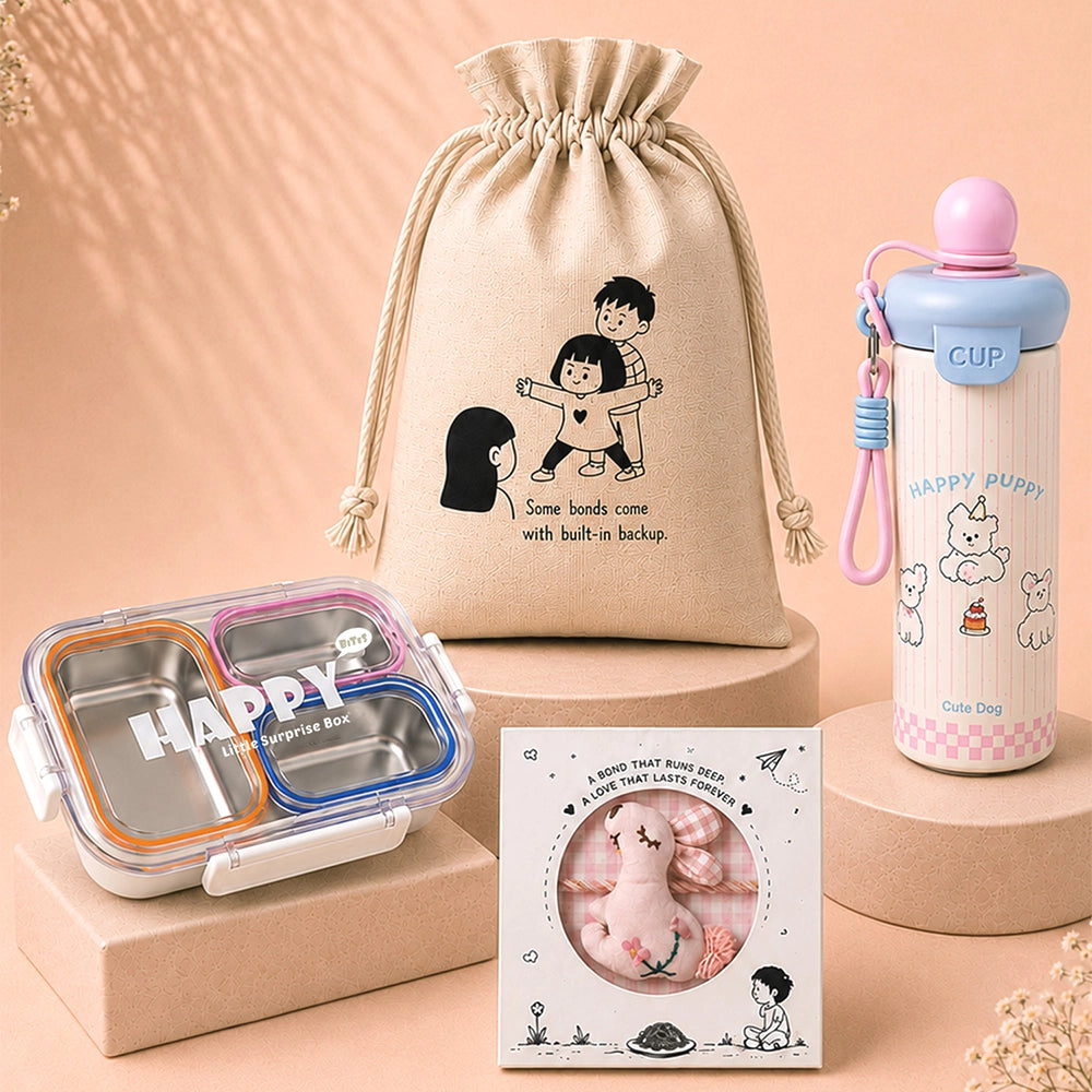2 Pcs Doggy Water Bottle & Orange Stainless Steel Lunch Box Rakhi Gift Combo for Kids with Free Rakhi & Jute drawstring bag
