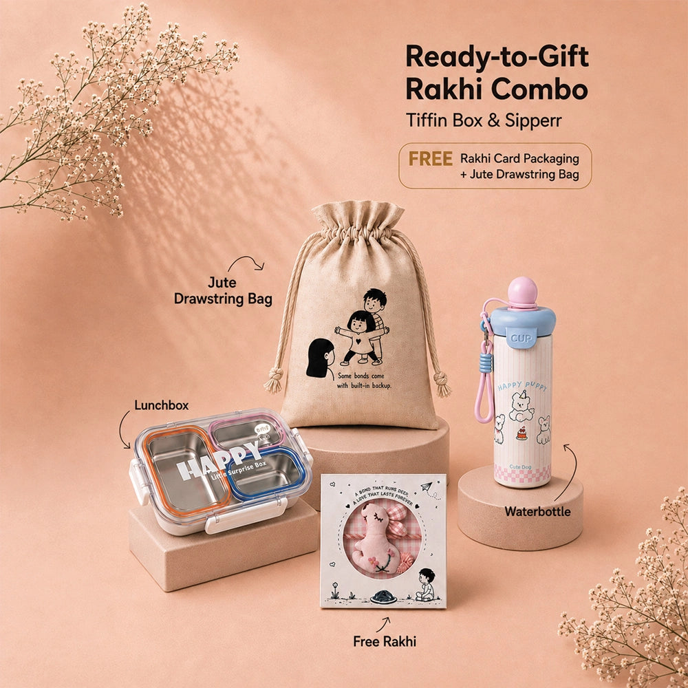 2 Pcs Doggy Water Bottle & Orange Stainless Steel Lunch Box Rakhi Gift Combo for Kids with Free Rakhi & Jute drawstring bag