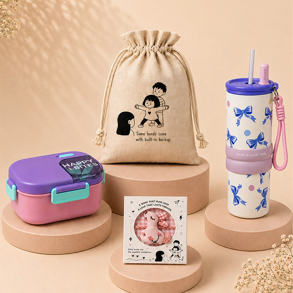 2 Pcs Purple Bow Tumbler & Purple Lunch Box Rakhi Gift Combo for Kids with Free Rakhi and Jute Drawstring Bag