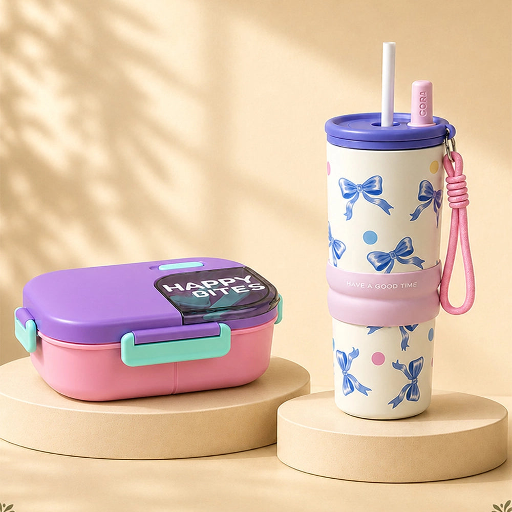 2 Pcs Purple Bow Tumbler & Purple Lunch Box Rakhi Gift Combo for Kids with Free Rakhi and Jute Drawstring Bag