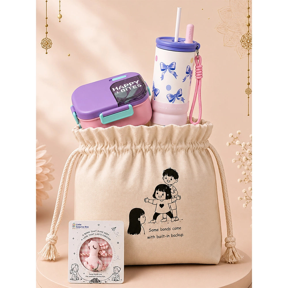 2 Pcs Purple Bow Tumbler & Purple Lunch Box Rakhi Gift Combo for Kids with Free Rakhi and Jute Drawstring Bag