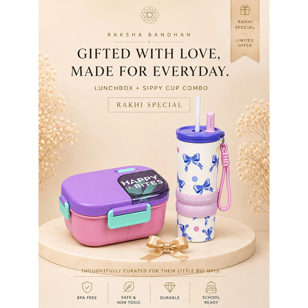 2 Pcs Purple Bow Tumbler & Purple Lunch Box Rakhi Gift Combo for Kids with Free Rakhi and Jute Drawstring Bag